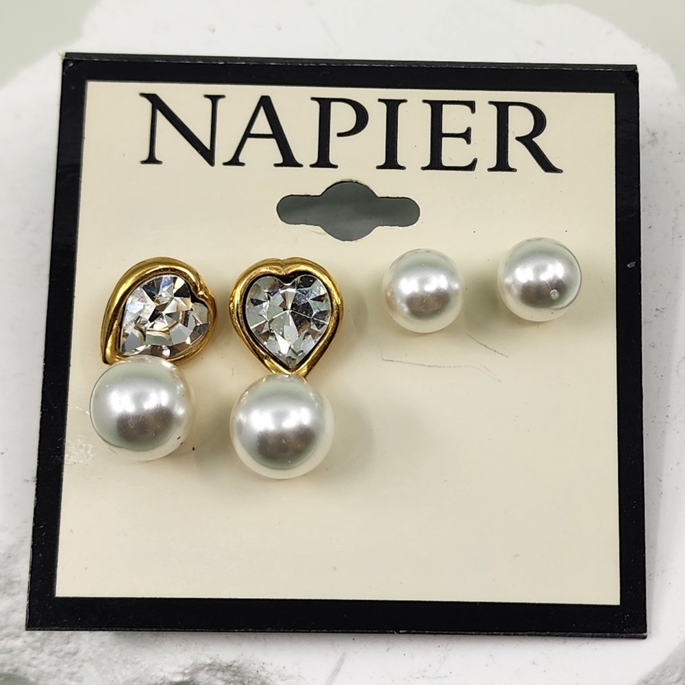 Napier 3 Pair Earrings Set Crystal Heart Faux Pearl Studs Gold Tone Statement